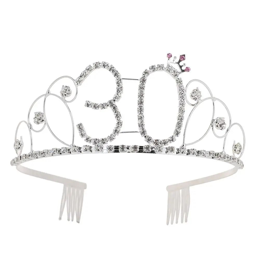 

Elegant Women Hollow Rhinestone Inlaid Number 30 Tiara Crown Princess Comb Pin Hair Jewerly