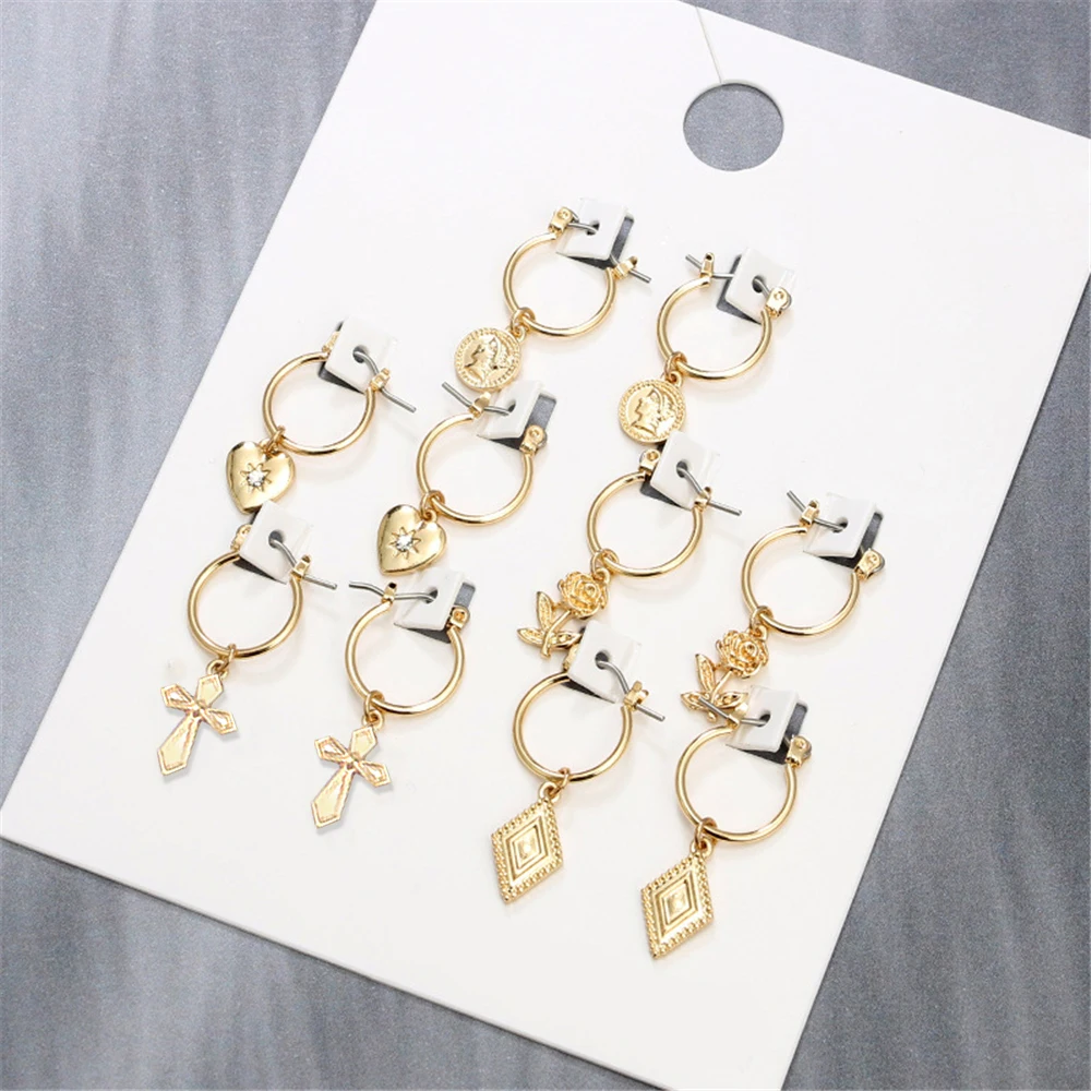 VIVILADY Fashion 5pairs Circle Round Hoop Earrings Women Gold Color Heart Queen Rose Crystal Hiphop Brincos Boho Jewelry Gifts - Image 3