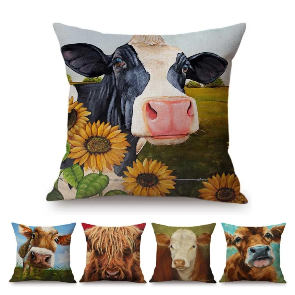 

2018 Cute Dairy Cow Watercolor oil Painting Cotton Linen Home Decoration Pillow Case Cotton Linen Sofa Cushion Cover Car Pillow