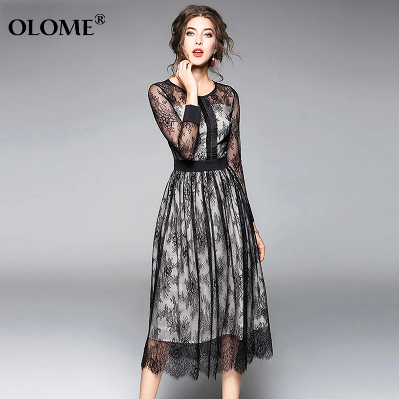 

2019 Spring Black Mesh Lace Dress Hollowed Out Sexy Patchwork Slim Elegant Mid-Length Party Dresses Women Summer Dresses