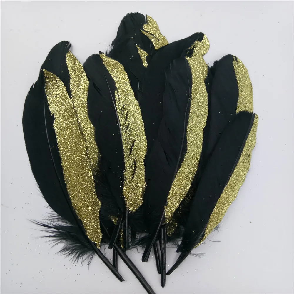 12 Piece Dyed Natural Goose Feather Trim for Millinery DIY Art Crafts Party Decoration Black and Gold 15-20cm