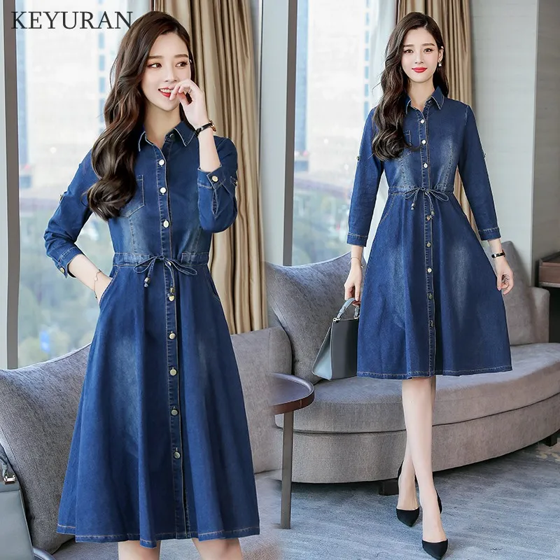 

2019 Autumn Denim Dress Women Clothing Elastic Waist Long Sleeve Single Buttons Jeans Party Dresses Plus Size Casual Vestidos