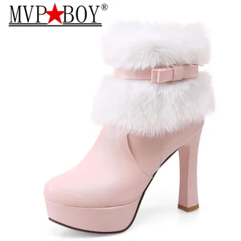 

MVP BOY hot sale 2018 fashion high quality pu soft leather women boots solid black thick high heels round toe winter ankle boot