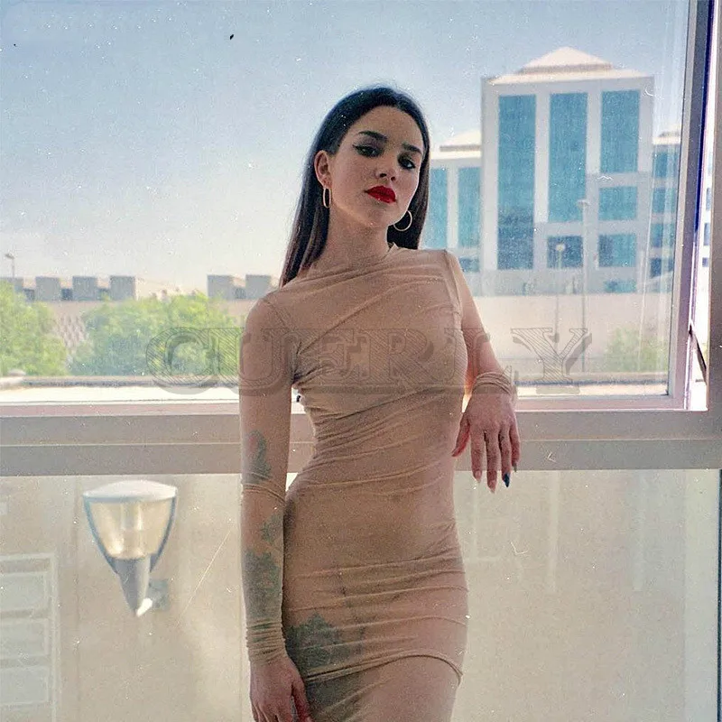Image CUERLY Summer Dress Women Long Sleeve Transparent Mini Dress Slim Chic Tunic O neck Bodycon Female Stylish Solid Sexy Dress