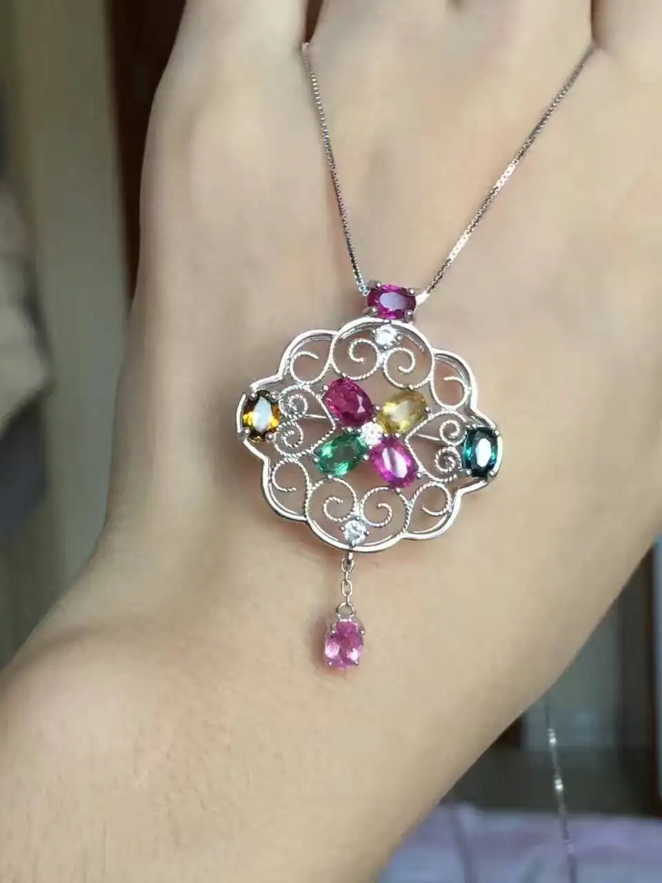 

Natural multicolor tourmaline brooch S925 silver Natural gemstone brooch Pendant trendy Hollow fringe women two wears jewelry