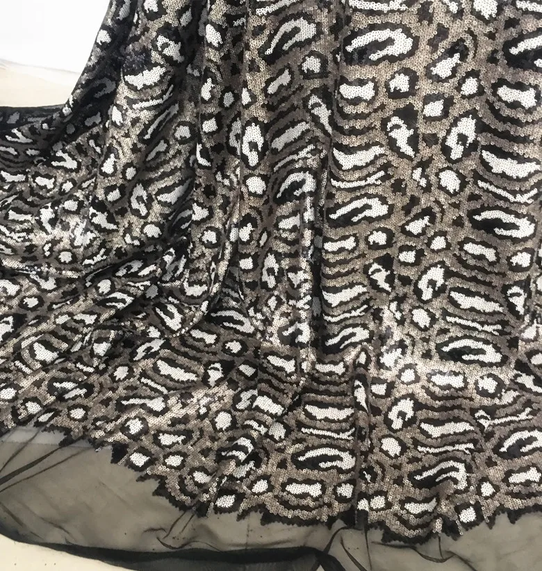 

Gold Black Grey Leopard Sequin Fabric Embroidery Mesh Stretch Fabric Fashion Show Stage Party Dress Sequin Fabrics 1 yard