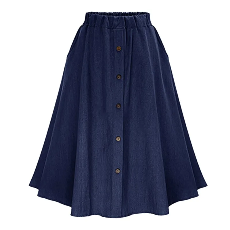 Модный корейский стиль женские джинсовые юбки длинные твердые пуговицы harajuku Повседневная юбка Высокая Талия Женский Большой подол джинсовая юбка F2 - Цвет: Dark Blue