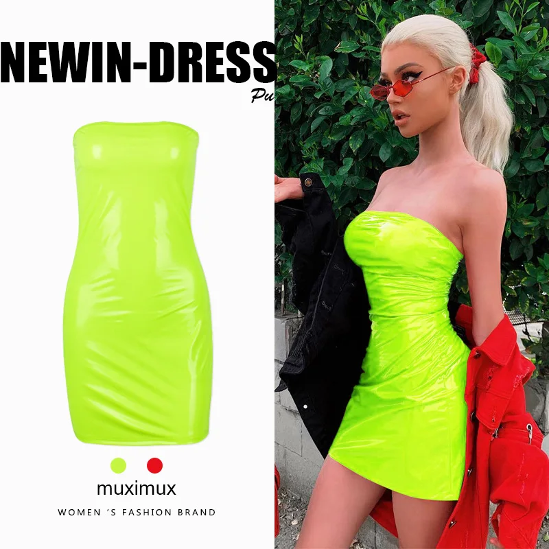 

2019 Summer Women Black Dresses Spring Solid Red Sexy Bodycon PU Strapless Mini Short Tight Party Club Dress Women Female