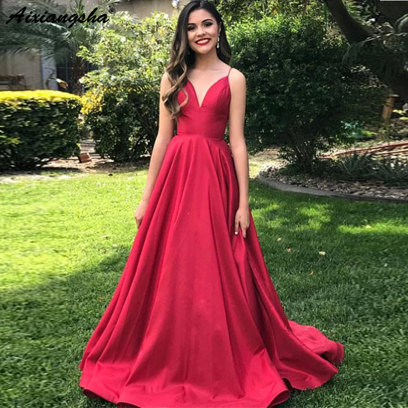 Buy Elegant V Neck Spaghetti Strap Open Back Red Prom