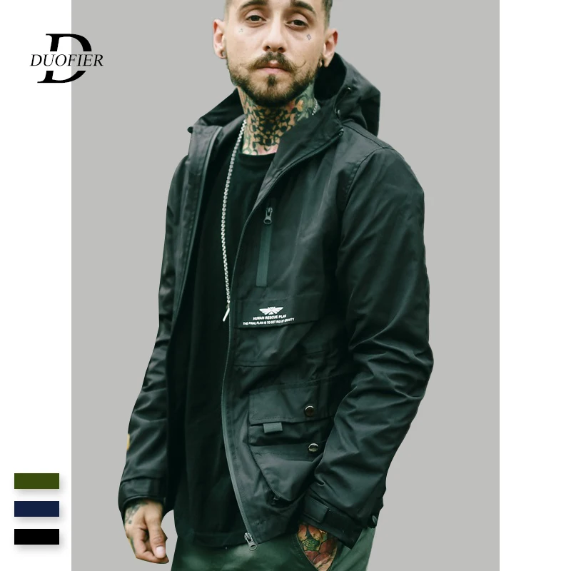 

2019 Autumn Men Casual Jackets Loose Solid Hooded Bomber Jacket New Men's Streetwear Zipper Thin Pilot Outwear Coats Windbreaker