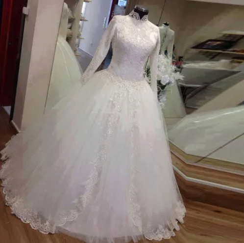 High Quality Long Sleeves High Neck Muslim Wedding Dresses Lace Applique Beaded White Bridal Gown Arabic