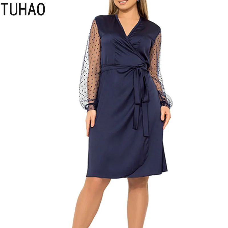 

TUHAO MESH Sleeve Dot Print Dress 2019 Summer Elegant Offical Buiness Style Woman's Dress Plus Size 6XL 5XL 4XL 3XL Dress JTLM