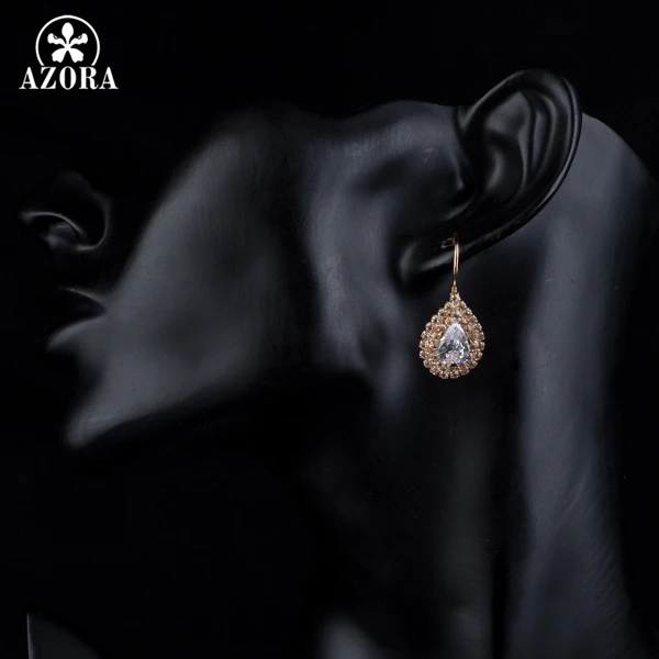 AZORA Shiny Gold Color Clear Cubic Zirconia Tear Drop Earrings TE0150
