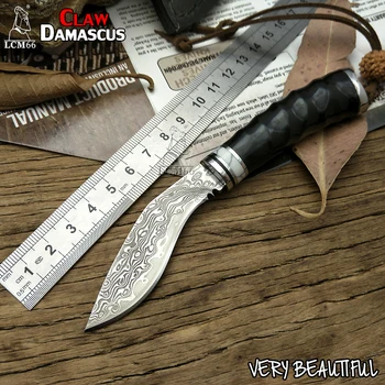 

LCM66 Handmade forged Damascus steel hunting knife 60HRC Damascus Steel fixed knife Horns handle with Leather sheath Tools
