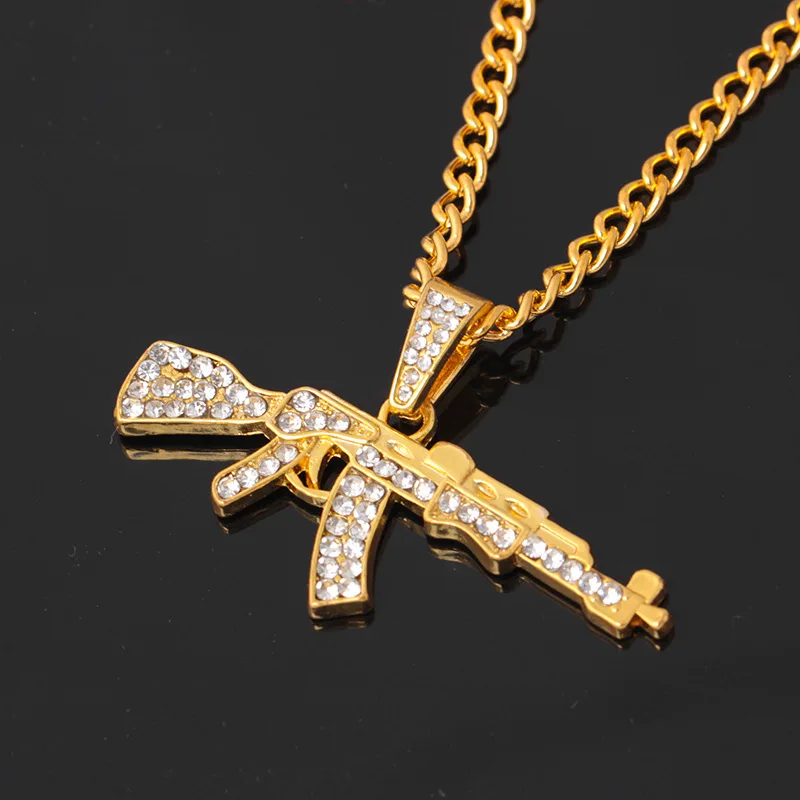 

Hot Sale Fashion AK-47 Gun Shape Pendant Necklace with Crystal for Men Silver Gold Trendy Chains Necklace Jewelry Gift Wholesale