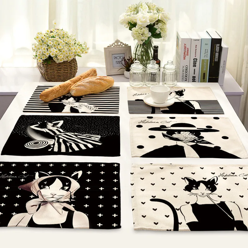 

1PC Creative Mrs Cat Print Table Mats for Dining Table Nature Linen Placemat Bowl Cup Coasters for Kitchen