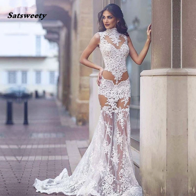 Sexy-White-Lace-Mermaid-Evening-Gowns-High-Neck-Sleeveless-Illusion-Long-Party-Gowns-Summer-Women-Party