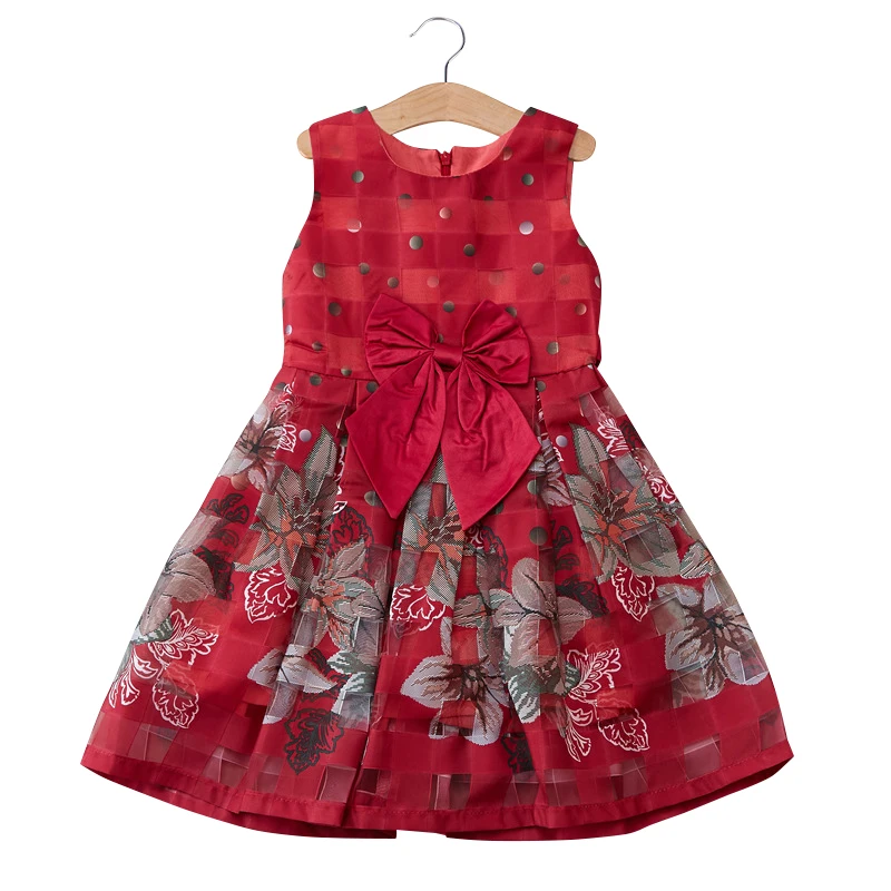 2T to 6T kids girls red purple vintage flower big bow sleeveless summer