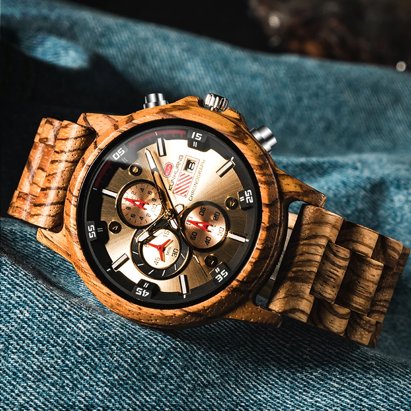 Ceny Moda drewniane mężczyźni oglądać naturalne Zebra drewna zegarek z datą i wiele stref czasowych reloj hombre męska prezent zegarki W K01