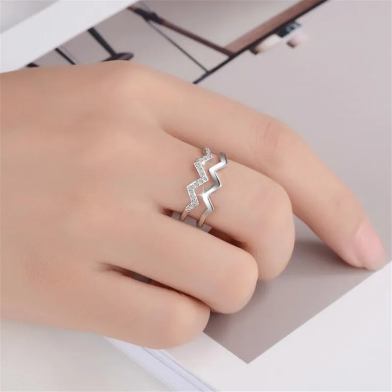 

New Personality Double-layer Fashion Jewelry Wave 925 Sterling Silver Personality Line Creative Crystal Women Opening Rings R305