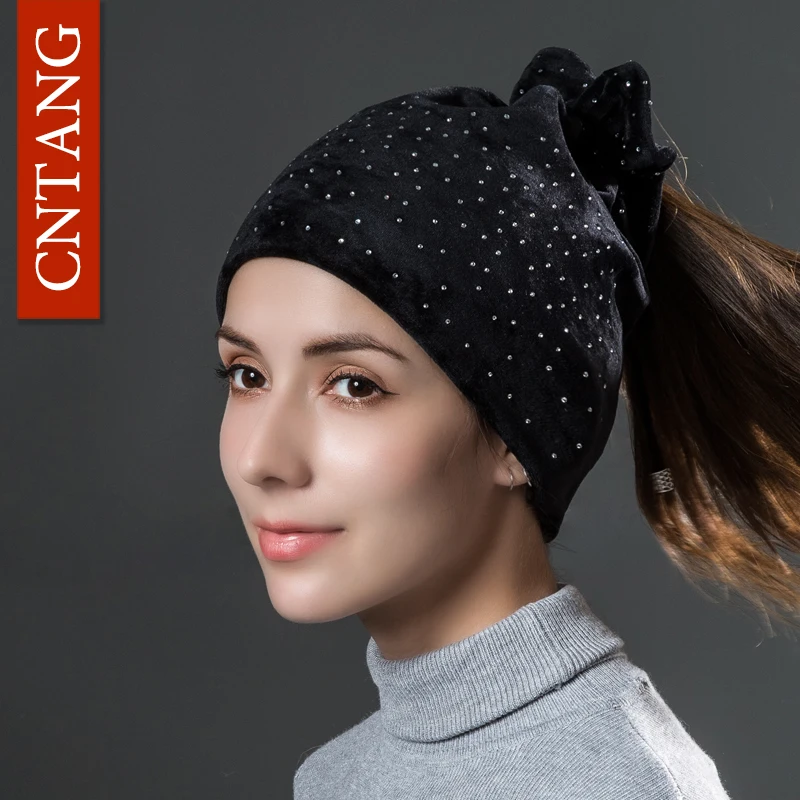 CNTANG Women Rhinestones Velvet Hats Winter Warm Fashion Tied hair Ponytail Hat For Female Autumn Flannel Caps Skullies Beanies 2