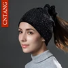 CNTANG Women Rhinestones Velvet Hats Winter Warm Fashion Tied hair Ponytail Hat For Female Autumn Flannel Caps Skullies Beanies 2