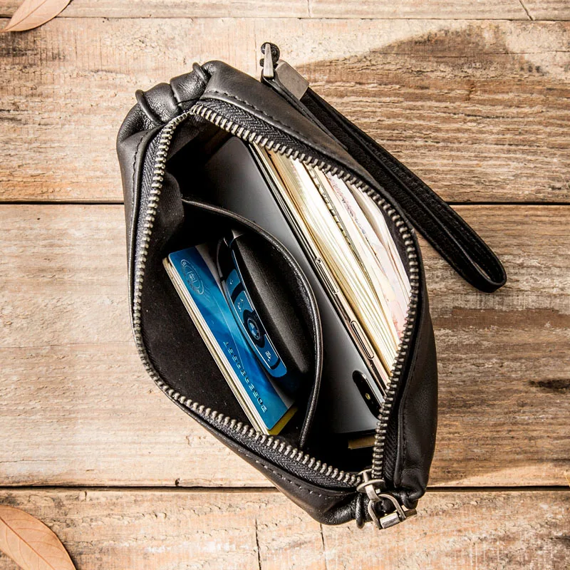 AETOO Leather handbag men's soft leather retro casual long wallet men's first layer leather zipper wallet phone bag female tide