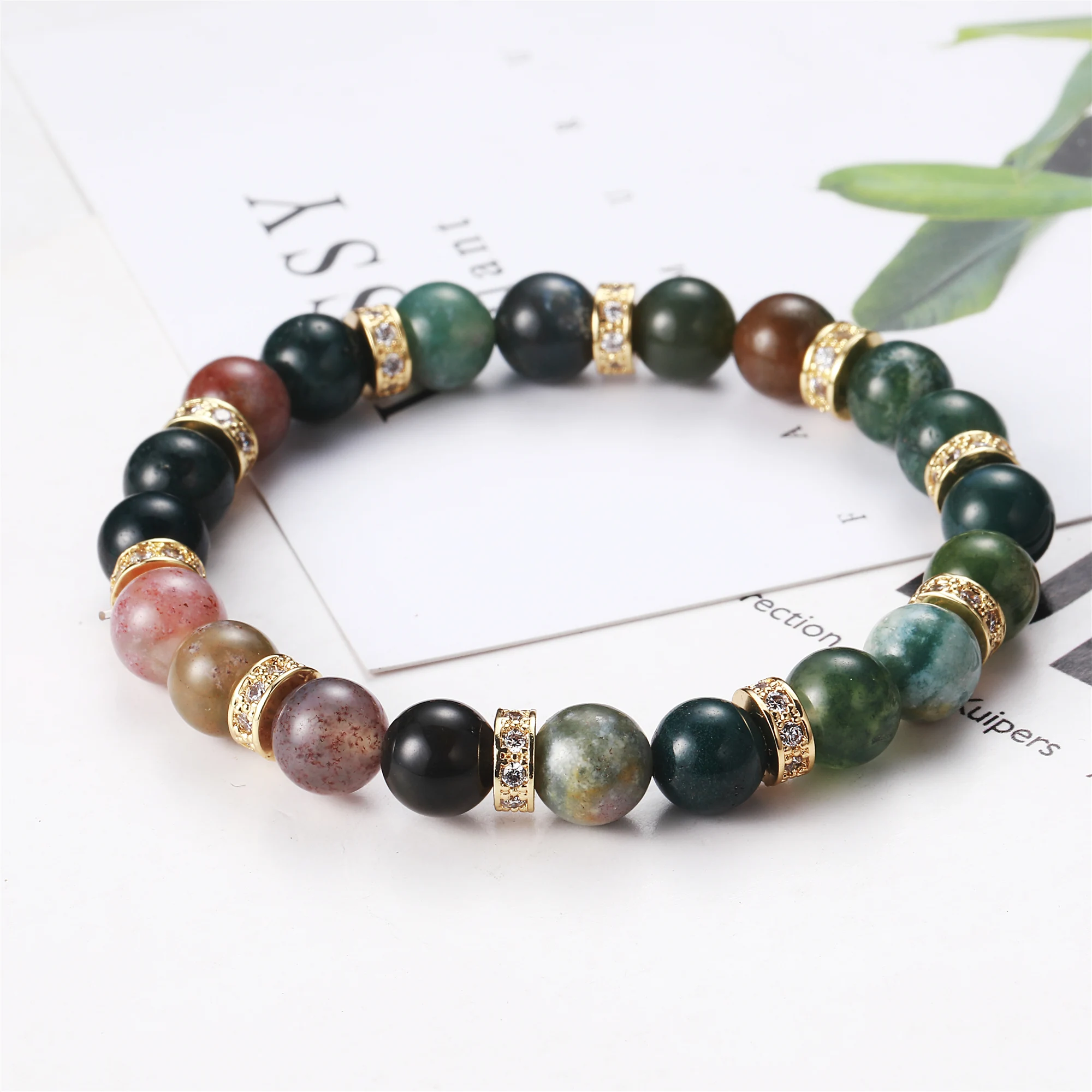 

Natural Stone Bracelets Bangle 8mm Agates Beaded and Cubic Zirconia Round Charm Beads Bracelets For Men Women Fashion Jewelry