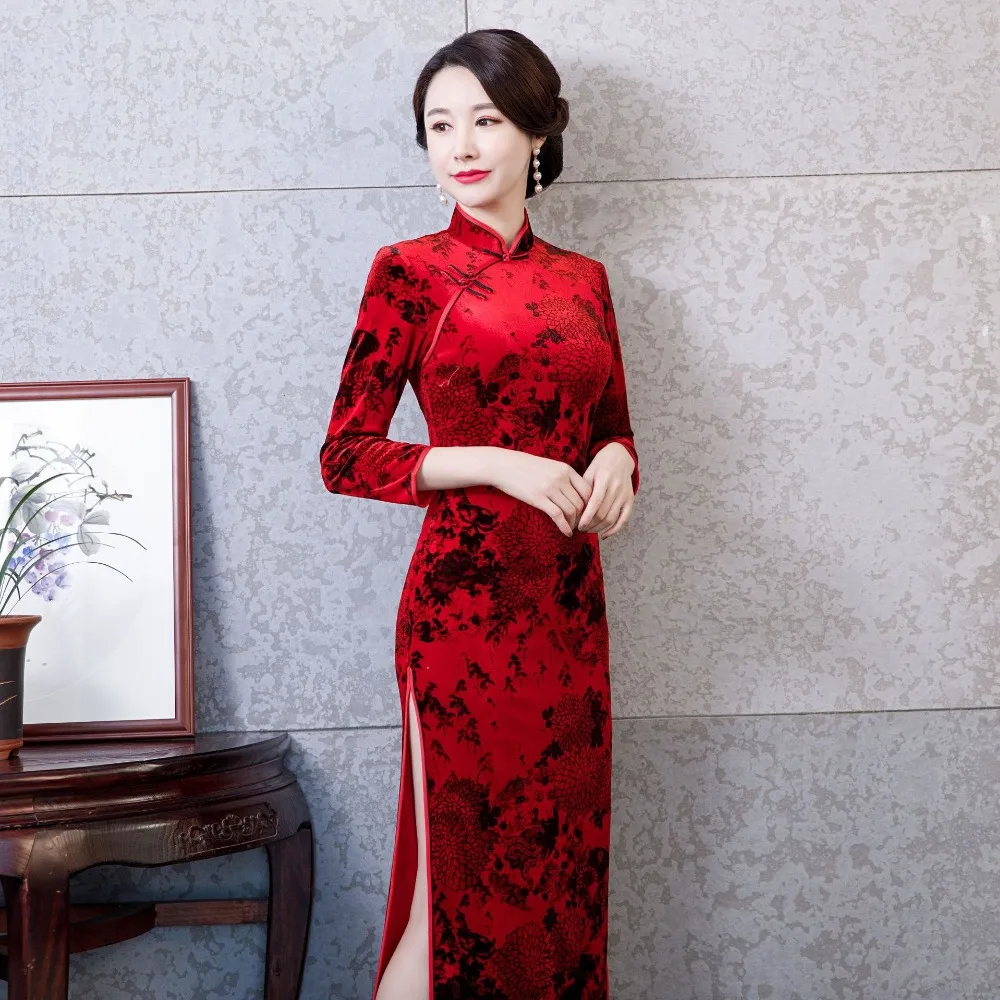 Новинка, весеннее китайское платье Ципао с длинными рукавами, традиционный китайский народный стиль, улучшенное платье Чонсам с цветочной пряжкой