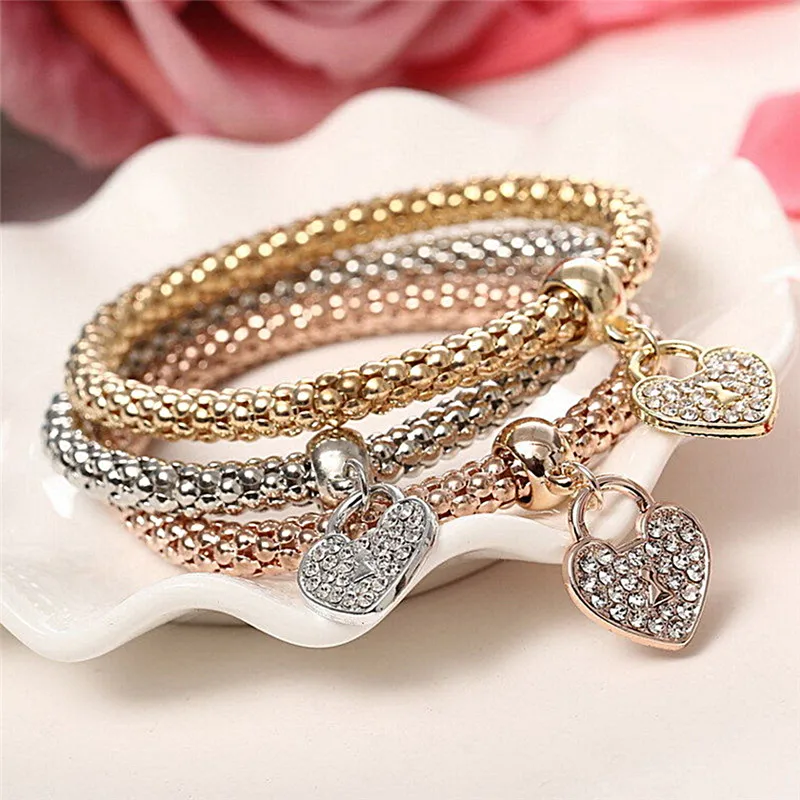 Hot Sale Elastic Zinc Alloy Rose Gold/silver Plated Bracelet Heart Shape Charm Bracelet Female Rhinestone Pop Corn Chain