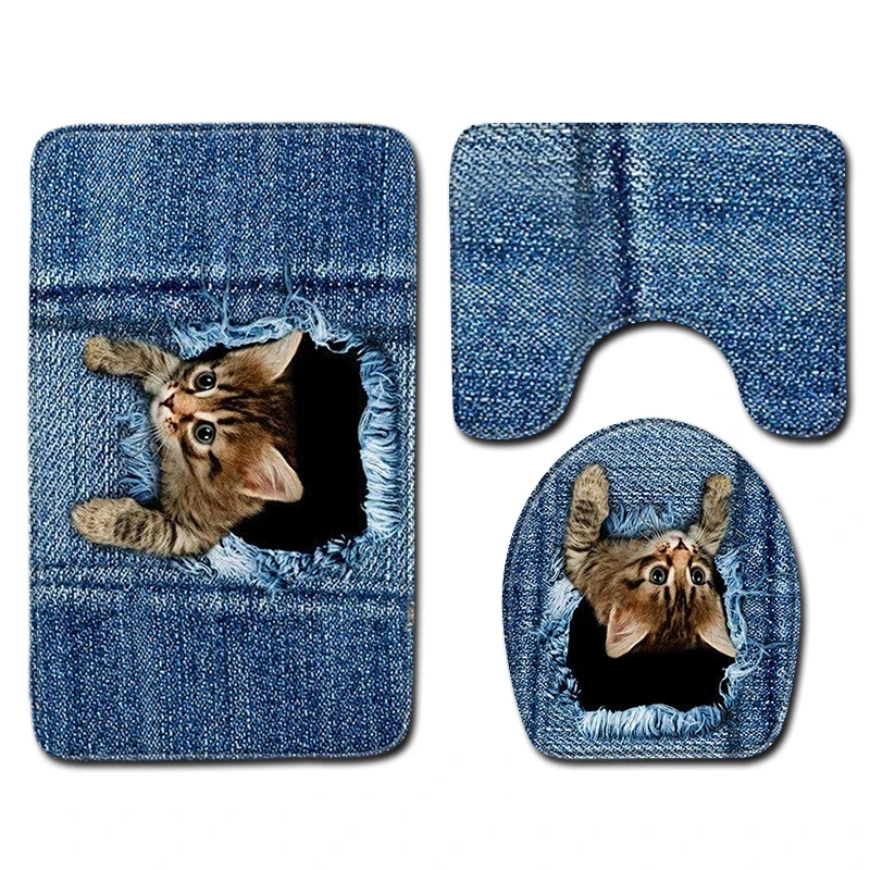 

3 Pcs Bathroom Rug And Mat 3D Animal Cat Non-slip Bathroom Mat Set Coral Fleece Shower Toilet Room Carpet Rugs Bath Mats Set