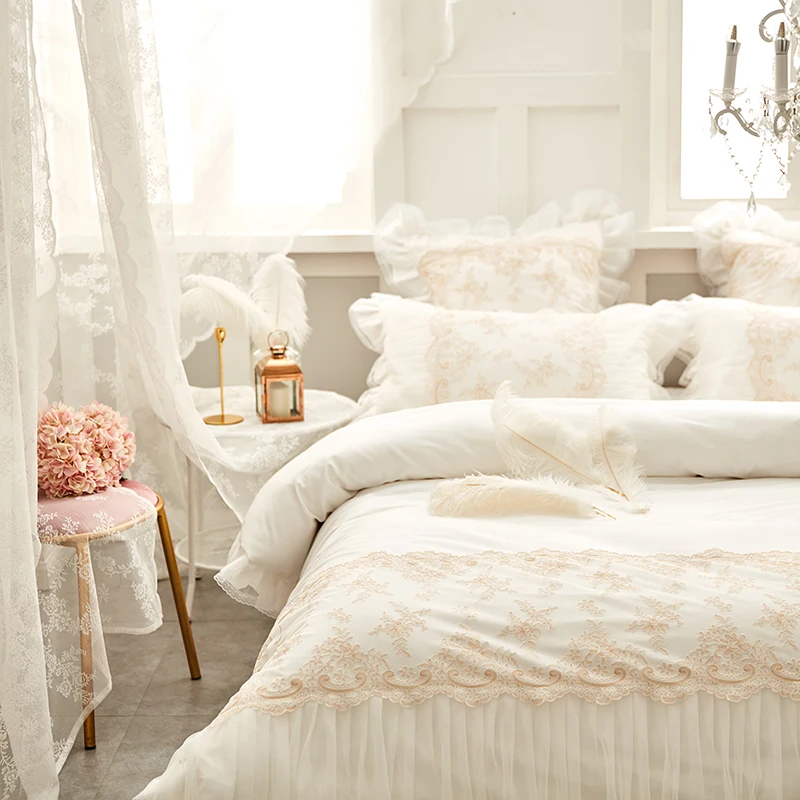 Розовый, белый светильник, синий, роскошная кружевная вышивка, 60 S, Комплект постельного белья из египетского хлопка, пододеяльник, простыня, кровать, юбка, наволочки, 4 шт