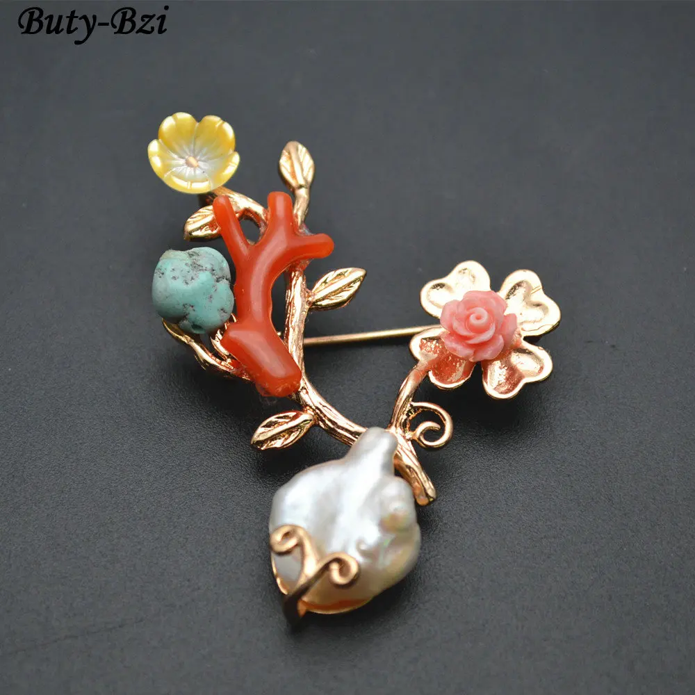 

Unique Paved Natural Fresh Water Pearl Shell Flower Irregular Stone Red Coral Branch Brooches Pins Jewelry