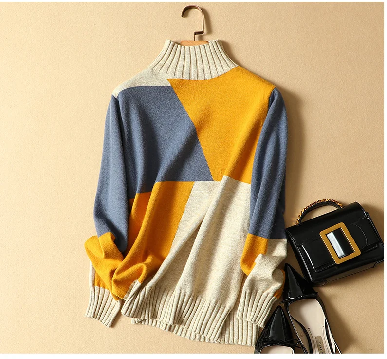 

2019 Spring New Women Fashion Turtleneck Sweater Knitting Patchwork High-Quality Pullover Wool blend Shrug Women Sweater R1017