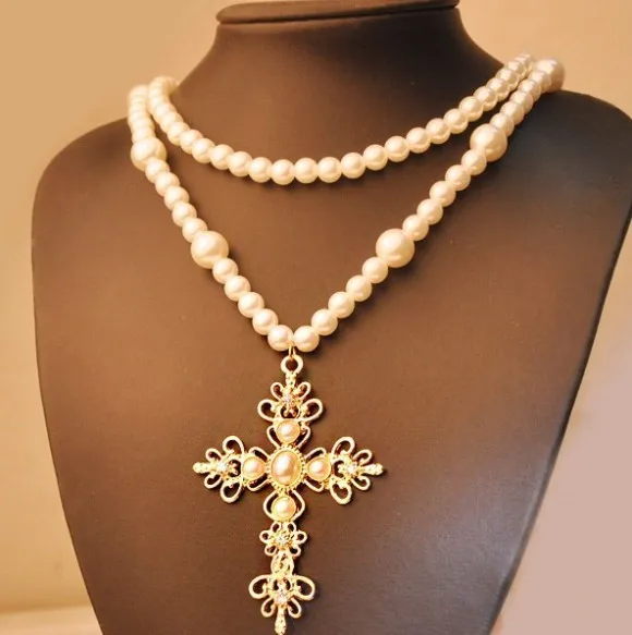 

New Design Vintage Fashion Pearl Cross Pendants Long Necklace Jewelry for Women Dress Accessory