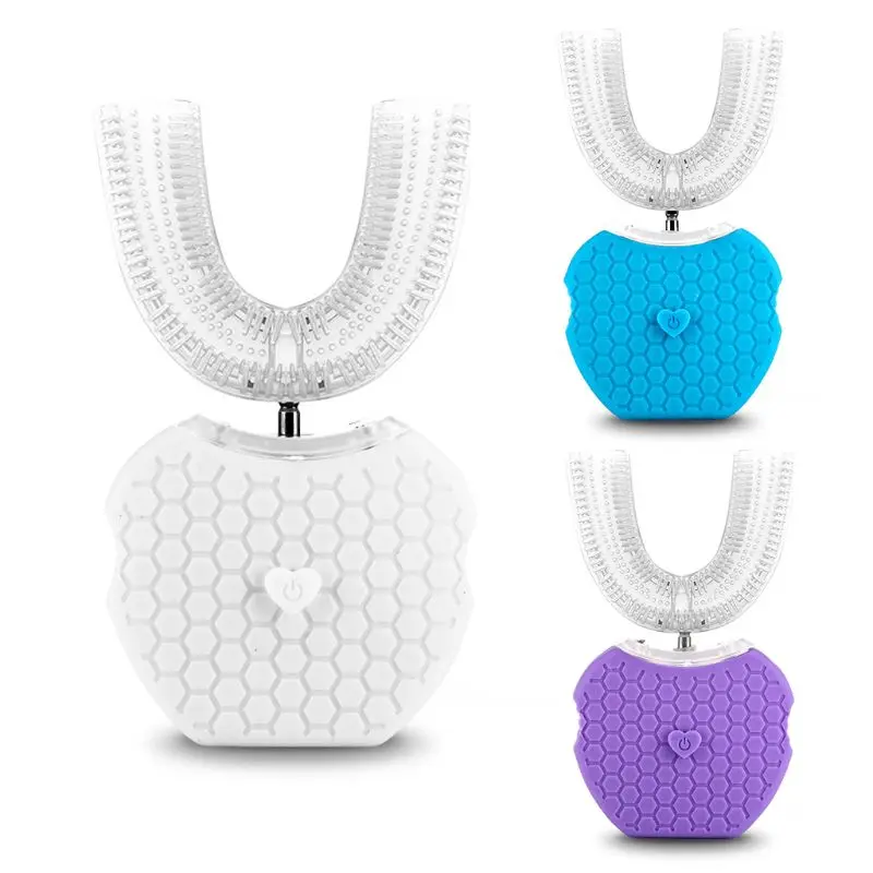 

360 Degree Ultrasonic Vibration Automatic Electric Silicon Toothbrush U Type 4 Modes USB Rechargeable Waterproof Whitening Blue