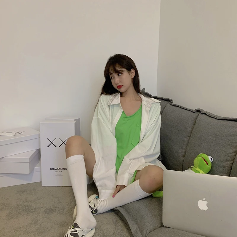 

2019 summer loose Solid color white long sleeve blouses womens sun protection shirts womens (R11076)