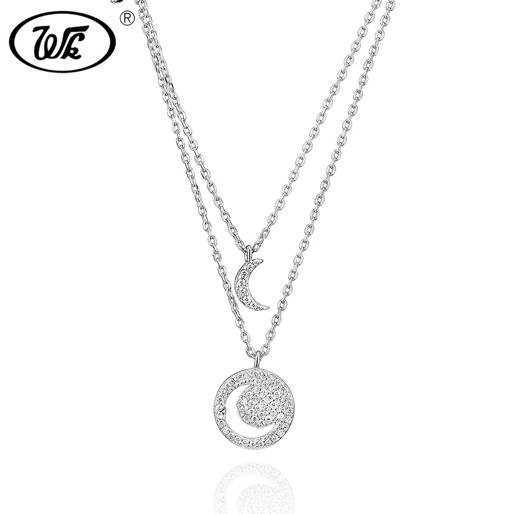 

WK Real 925 Sterling Silver Round Moon Layered Necklace 2 Multi Layer Chain Choker Trendy Brand Jewelry For Women Gift W8 NB015