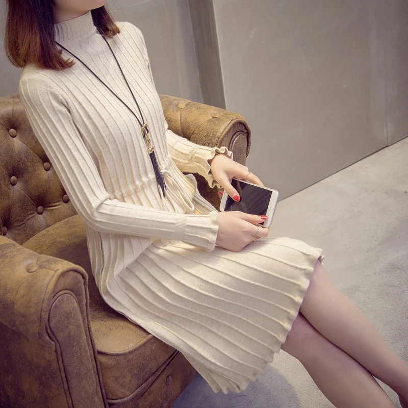 Womens Sweaters 2019 Winter Knitting Turtleneck Dress Bodycon Casual Pleated Midi Dress girls sweaters party Dresses vestidos
