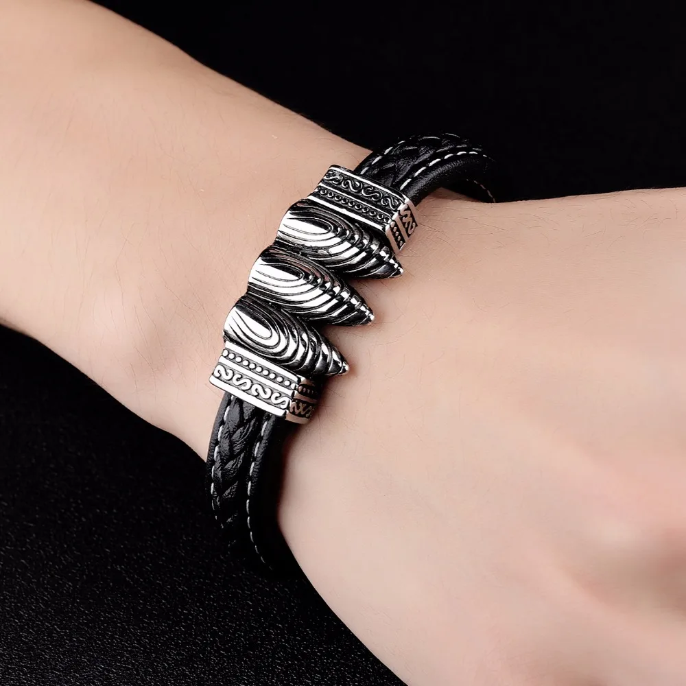 Fate Love Vintage Black Leather Bracelet Three Fancy Bullets Design Bracelet Men Punk Wristband Magnet Male Charm Jewelry FL1235