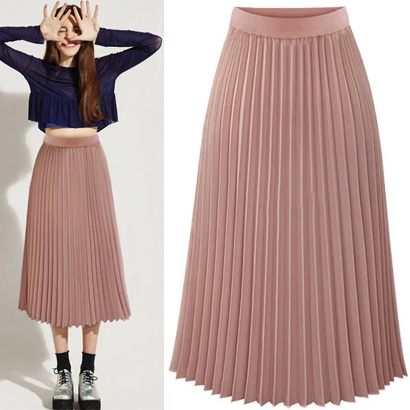 Fashion New Lady Women Summer Long Chiffon Skirt Elastic Waist Double Layer Midi Pleated Skirts