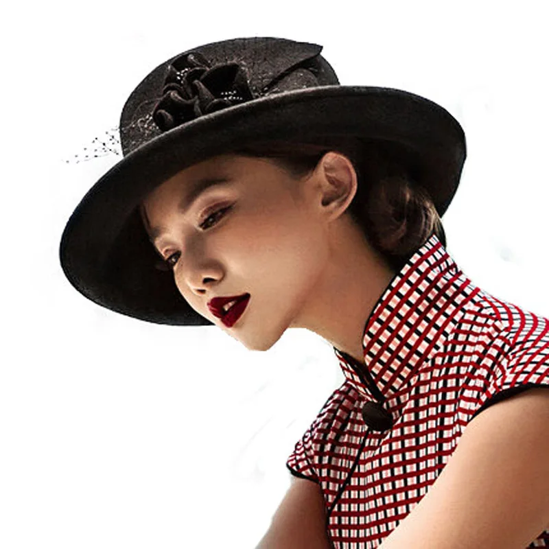 FS зимние черные широкие фетровые шляпки с полями австралийская шерстяная женская шляпа-котелок флоппи элегантная Цветочная сетка Марля дамская шляпа - Цвет: Черный