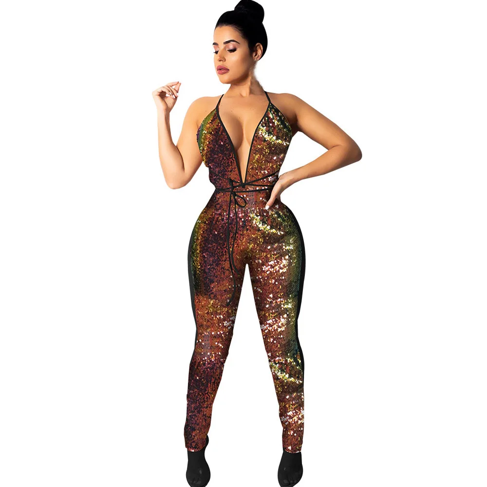 Colorful Sequined Jumpsuits Sexy Deep V-Neck Sleeveless Jumpsuits Women Backless Bandage Club Party Bodysuit Overalls