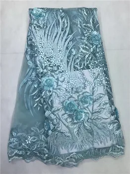 

african lace fabric with 3d flower for wedding dress french design latest Stone Beads lace fabric 2018 high quality sky blue