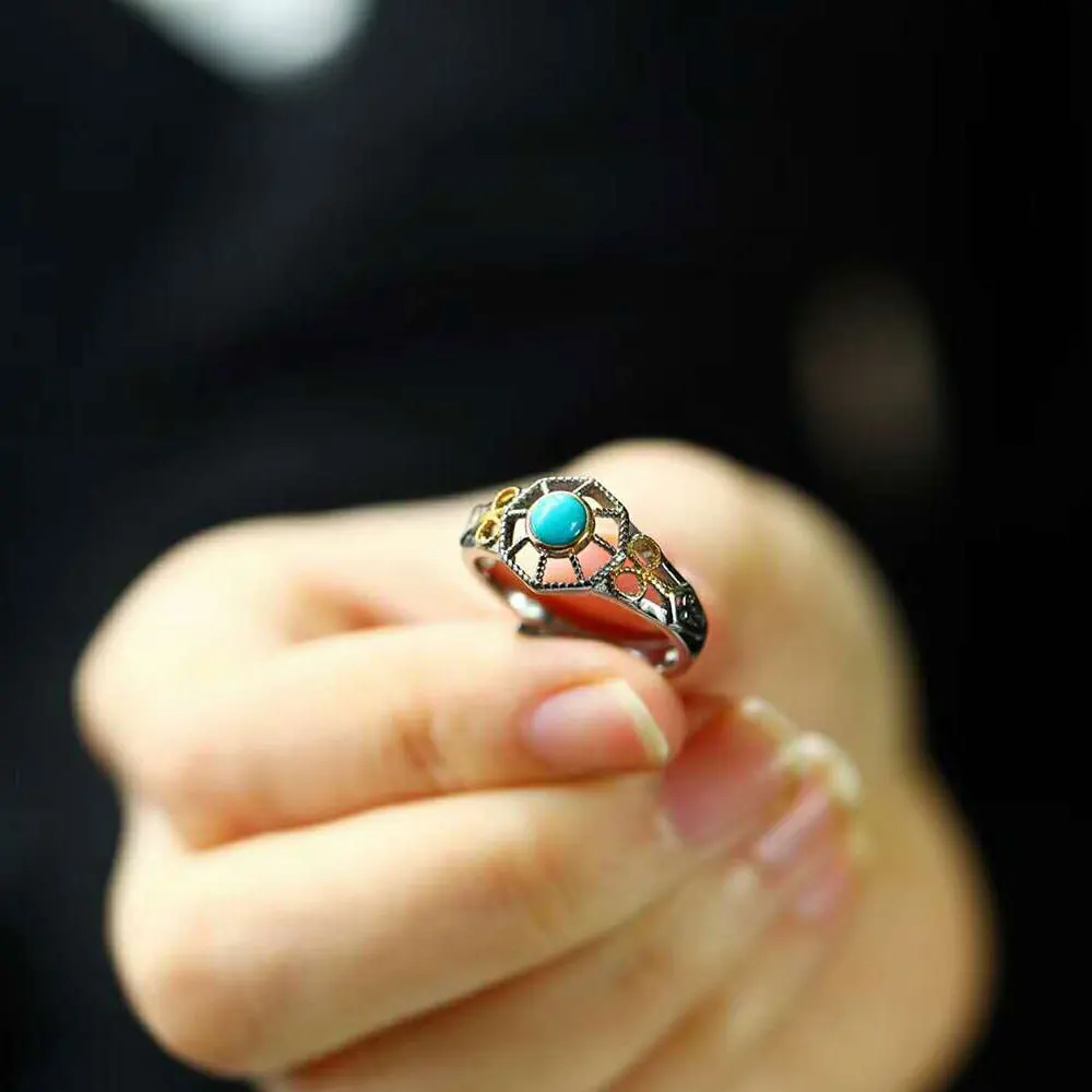 

RADHORSE 925 Silver Rings for Women Fine Jewelry Turquoise Sun flower multilateral Modeling Sterling Silver Ring Adjustable