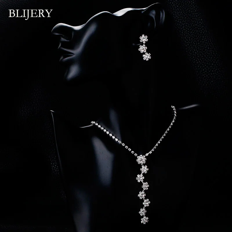 BLIJERY, Модные Ювелирные наборы для невесты, посеребренные кристаллы, длинные висячие ожерелья, серьги для женщин, свадебные ювелирные наборы