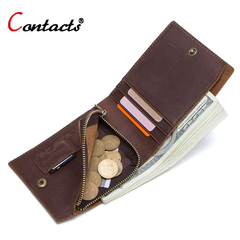

CONTACT'S crazy horse genuine leather men wallet slim short coin purse walet man credit card holder male small wallet vintage