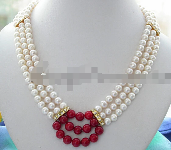 

huij 004591 3ROW 8MM WHITE ROUND PEARL RED CORAL NECKLACE