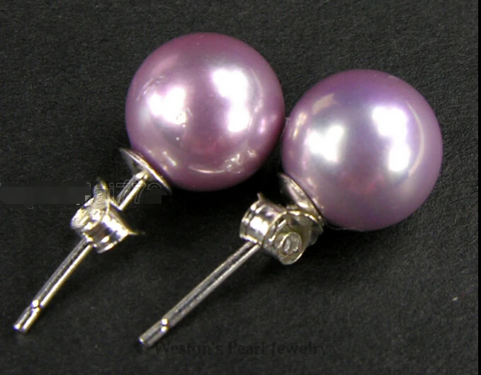 

FREE SHIPPING8MM PURPLE ROUND SHAPE SEA SHELL PEARL STUD STICK EARRINGS 925 STERLING SILVER