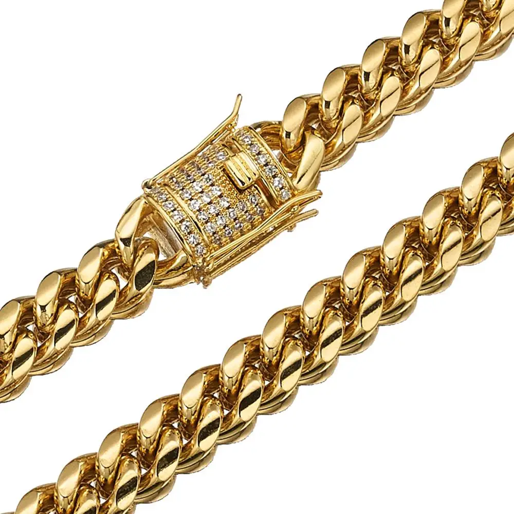

Granny Chic 12mm New Arrival Mens Gold Color Stainless Steel Miami Curb Cuban Chain Necklace 16"-40"